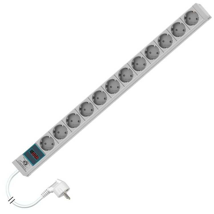 Steckdosenleiste metered von LIEBERNETZ - 12-fach Schuko-Buchse CEE 7/3 - Amperemeter - 3 m Zuleitung - lichtgrau
