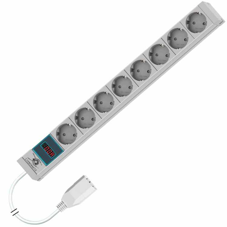 19" Steckdosenleiste metered von LIEBERNETZ - C14 Zuleitung - 8-fach Schuko-Buchse CEE 7/3 - Amperemeter - 3 m Zuleitung - lichtgrau