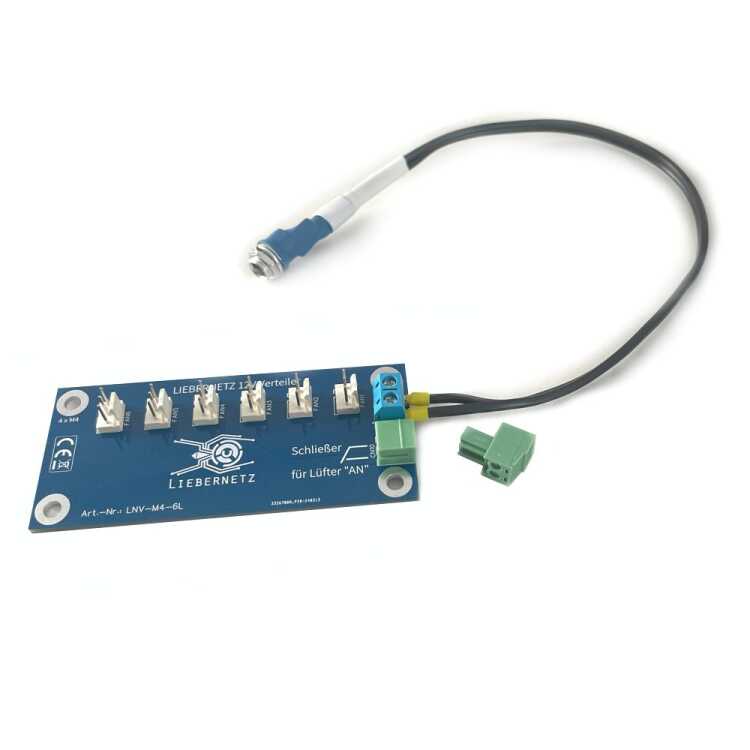 6-fach Verteiler für 12V-Ventilatoren - Platine für 3-Pin Molex Stecker - Stromanschluss mit 5,5/2,1 mm Koax-Buchse - optionaler Thermostatanschluss