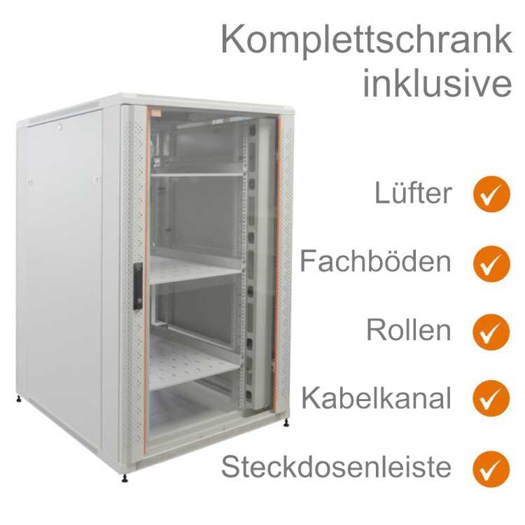 19"-Serverschrank SRK von IT-BUDGET - Komplettset - 27 HE - BxT 800x1000 mm - Sicht-/Vollblechtür - 4 Aktiv-Lüfter - montiert - lichtgrau
