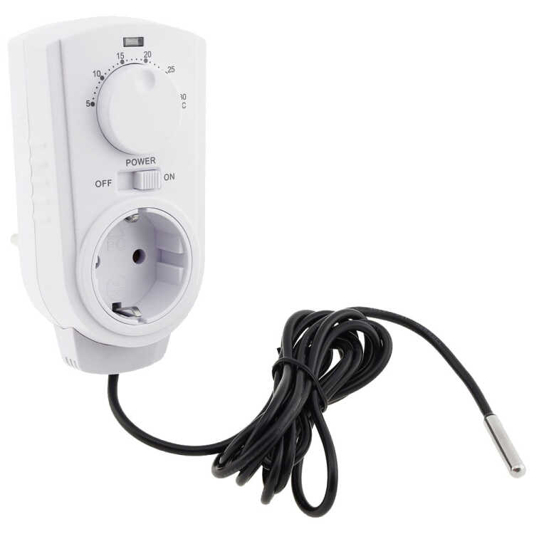 Steckdosen-Thermostat zur Schaltung von Lüftereinheiten / Ventilatoren - 230 V - 2 m Fühlerkabel - Einstellbereich +5° bis 30° C