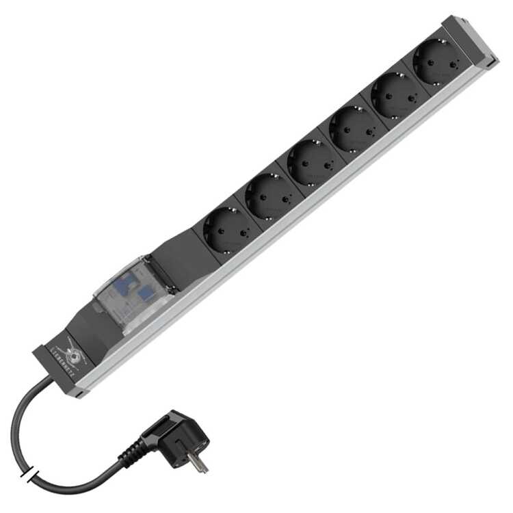 19"-Steckdosenleiste/PDU mit FI-Schutzschalter von LIEBERNETZ - FI 0,03 A Typ A - 6 x Schuko-Buchse - 2 m Zuleitung - 16 A - Aluminium - schwarz