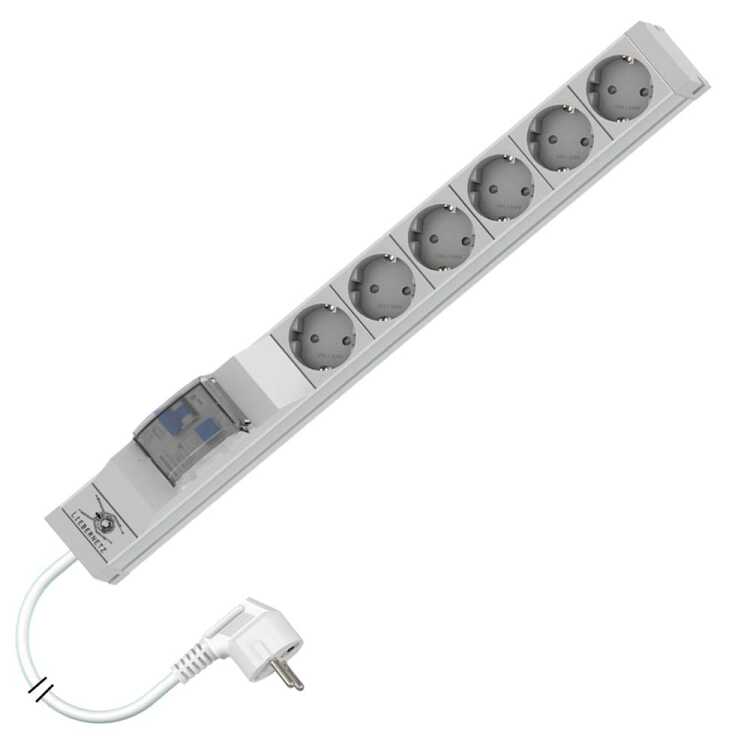 19"-Steckdosenleiste/PDU mit FI-Schutzschalter von LIEBERNETZ - FI 0,03 A Typ A - 6 x Schuko-Buchse - 3 m Zuleitung - 16 A - Aluminium - lichtgrau