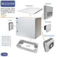 19"-Netzwerkschrank RESISTER Pro Aktiv - Schutzgrad IP54/55 - Vollblechtür - 16 HE - BxT 600x600 mm - Aktiv-Lüfter - Filter - lichtgrau