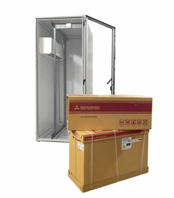19"-Serverschrank VX IT von RITTAL mit MITSUBISHI Klimagerät - 42 HE - BxT 800x1200mm - Luftdurchsatz 558 m³/h - Kühlleistung 2000 W - Sichttür - Vollblechrücktür - lichtgrau
