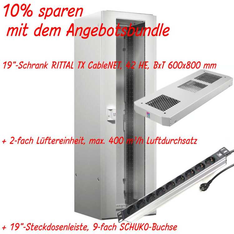 19"-Netzwerkschrank RITTAL TX CableNet - Angebots-Bundle - 42 HE - 600x800 mm - Sichttür - Vollblechtür + 2-fach Lüftereinheit + PDU