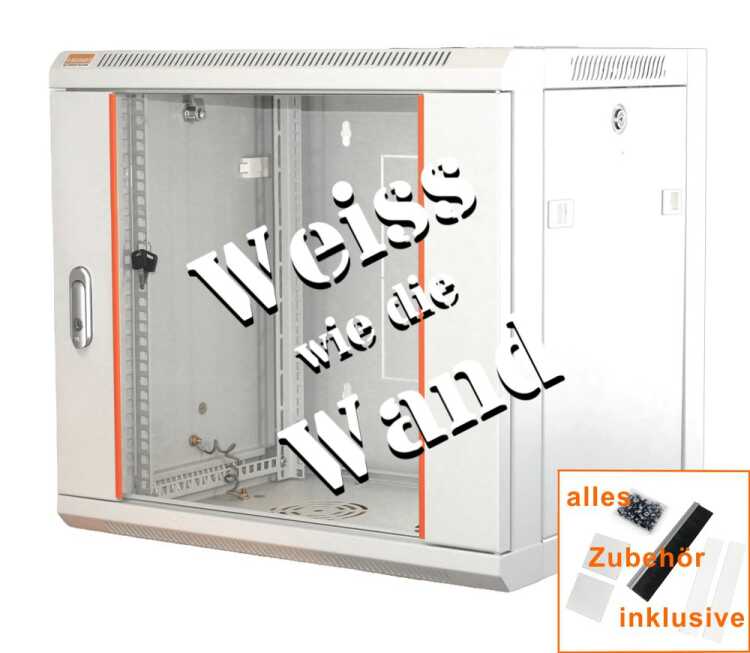 19"-Netzwerkschrank SWA von IT-BUDGET - 12 HE - BxT 570 x 450 mm - Sichttür - Seiten abnehmbar - Wand- + Standmontage - reinweiß