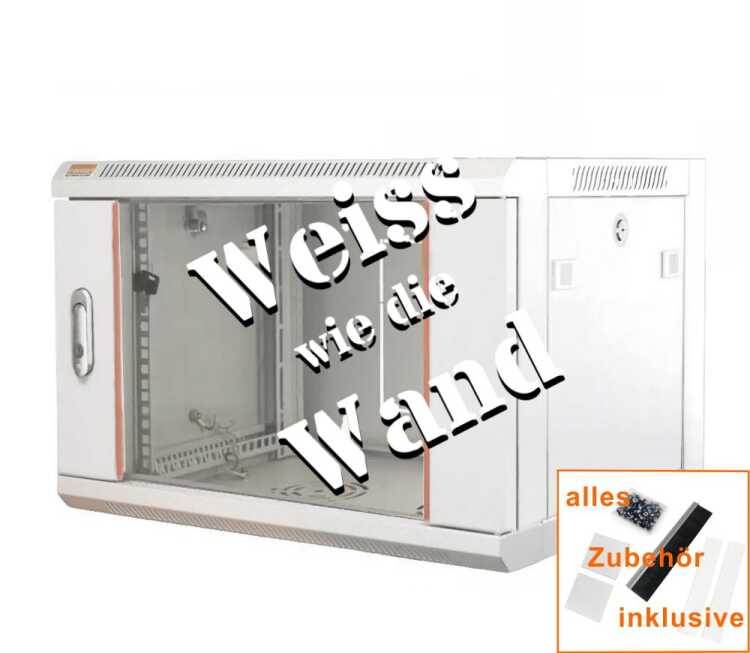 19"-Netzwerkschrank SWA von IT-BUDGET - 4 HE - BxT 570 x 350 mm - Sichttür - Seiten abnehmbar - Wand- + Standmontage - reinweiß