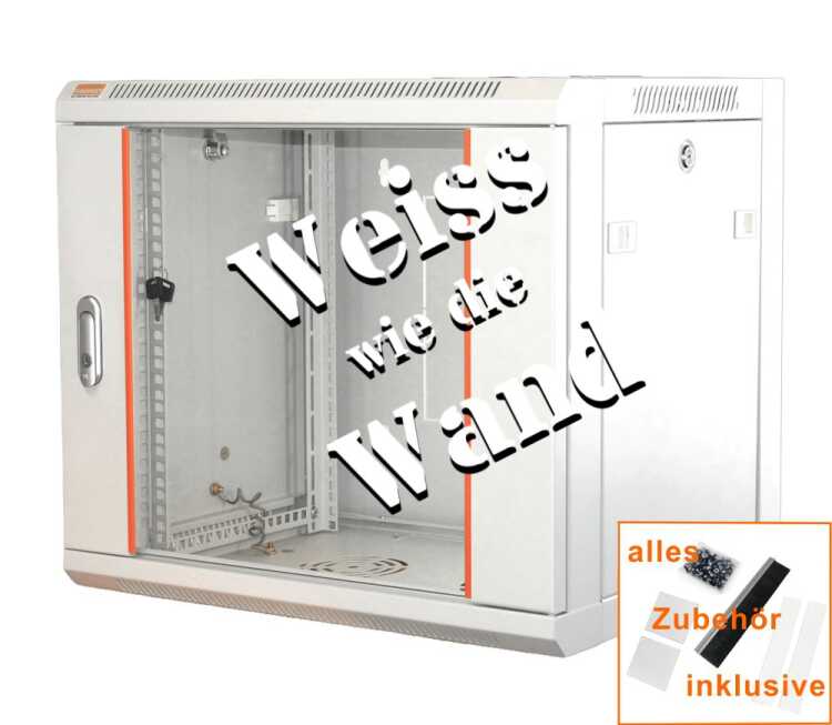 19"-Netzwerkschrank SWA von IT-BUDGET - 9 HE - BxT 570 x 450 mm - Sichttür - Seiten abnehmbar - Wand- + Standmontage - reinweiß