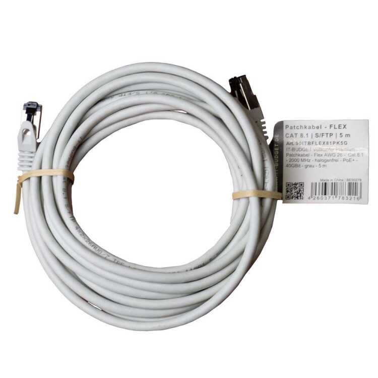 IT-BUDGET Vollkupfer Premium Patchkabel - Flex AWG 26 -  Cat.8.1 - 2000 MHz - halogenfrei - PoE+ - 40GBit - grau - 5 m