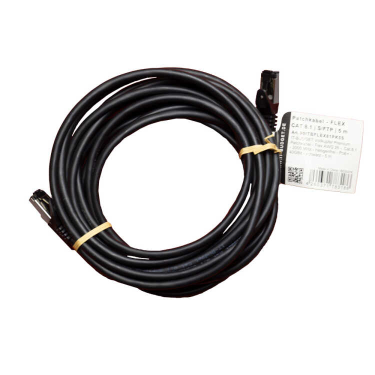 IT-BUDGET Vollkupfer Premium Patchkabel - Flex AWG 26 -  Cat.8.1 - 2000 MHz - halogenfrei - PoE+ - 40GBit - schwarz - 5 m