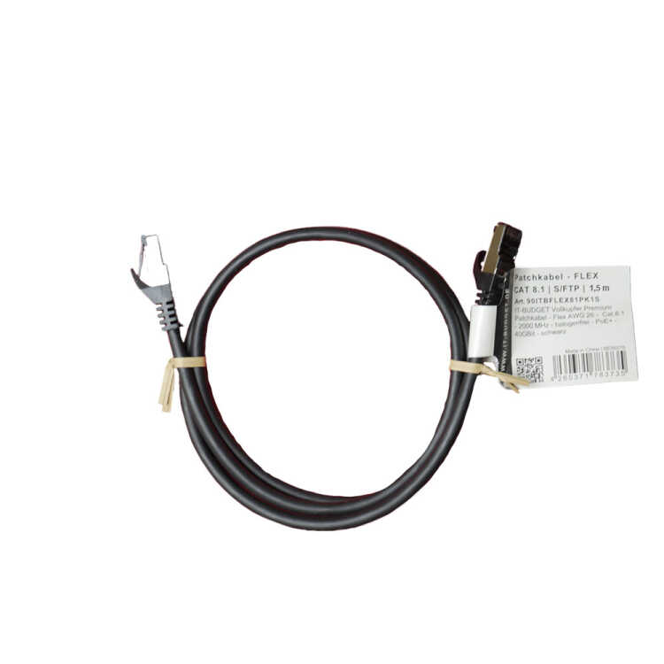 IT-BUDGET Vollkupfer Premium Patchkabel - Flex AWG 26 -  Cat.8.1 - 2000 MHz - halogenfrei - PoE+ - 40GBit - schwarz - 1,5 m