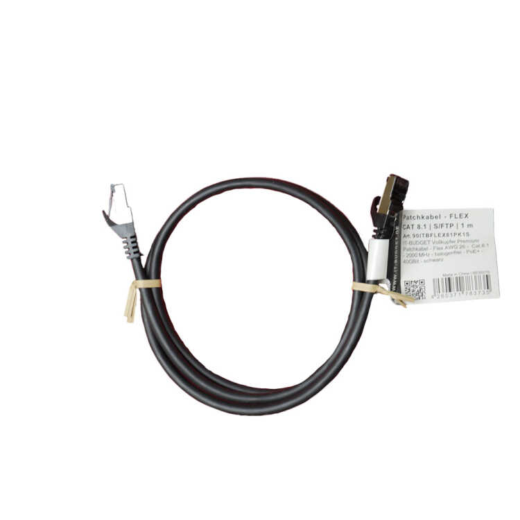 IT-BUDGET Vollkupfer Premium Patchkabel - Flex AWG 26 -  Cat.8.1 - 2000 MHz - halogenfrei - PoE+ - 40GBit - schwarz - 1 m