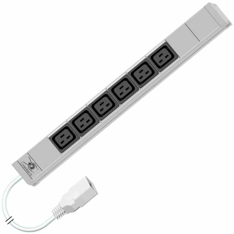 19"-Steckdosenleiste von LIEBERNETZ mit C20-Stecker - 6x C19-Buchse  - 3 m Zuleitung - lichtgrau