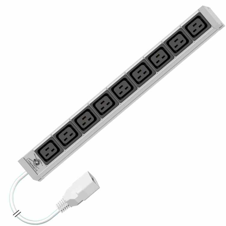 19"-Steckdosenleiste von LIEBERNETZ mit C20-Stecker - 9x C19-Buchse  - 3 m Zuleitung - lichtgrau