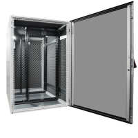 Schallgedämmter 19"-Serverschrank VX IT von RITTAL mit MITSUBISHI Klimagerät - 24 HE - BxT 800x1200mm - Luftdurchsatz 678 m³/h - Kühlleistung 3500 W - Sichttür - Vollblechrücktür - lichtgrau