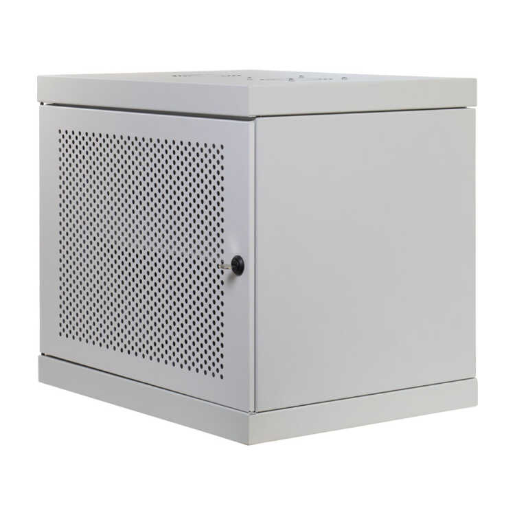 19"-Netzwerkschrank AAR - 12 HE - Tiefe 450 mm - Perforierte Tür - mit Ventilator, Thermostat, Fachboden - lichtgrau