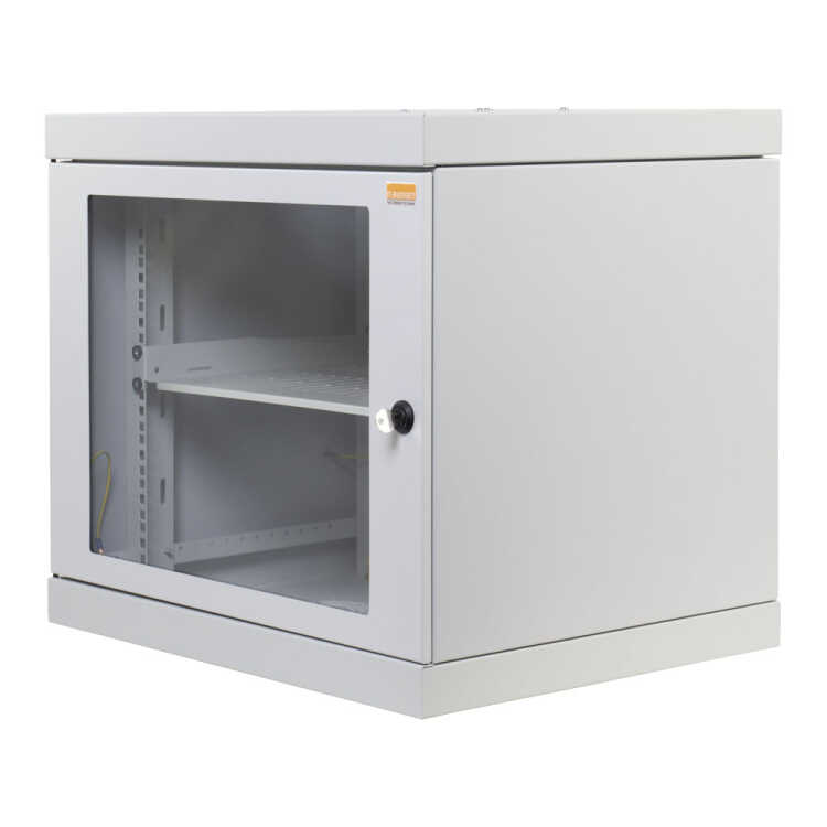 19"-Netzwerkschrank AAR - 12 HE - Tiefe 450 mm - Sichttür - mit Ventilator, Thermostat, Fachboden - lichtgrau