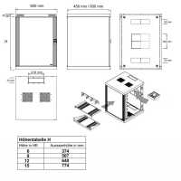 19"-Netzwerkschrank AAR - 12 HE - Tiefe 450 mm - Sichttür - mit Ventilator, Thermostat, Fachboden - lichtgrau