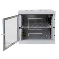 19"-Netzwerkschrank AAR - 12 HE - Tiefe 450 mm - Sichttür - mit Ventilator, Thermostat, Fachboden - lichtgrau