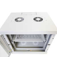 19"-Netzwerkschrank AAR - 12 HE - Tiefe 450 mm - Sichttür - mit Ventilator, Thermostat, Fachboden - lichtgrau