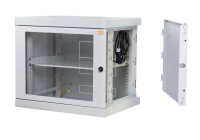 19"-Netzwerkschrank AAR - 12 HE - Tiefe 450 mm - Sichttür - mit Ventilator, Thermostat, Fachboden - lichtgrau