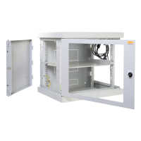 19"-Netzwerkschrank AAR - 12 HE - Tiefe 450 mm - Sichttür - mit Ventilator, Thermostat, Fachboden - lichtgrau