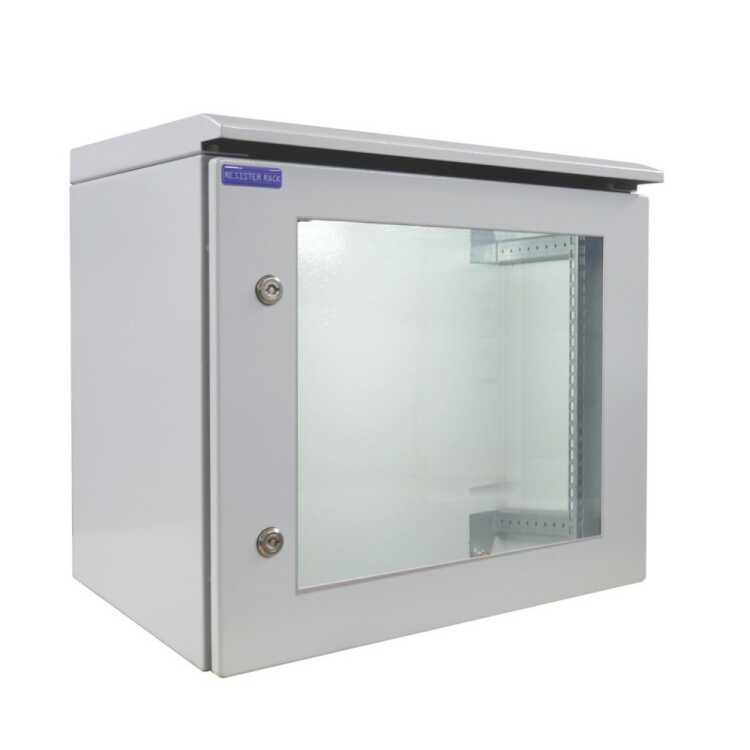 19"-Netzwerkschrank RESISTER Pro mit Regendach - IP66 für Outdoor + Industrie - Sichttür - 9 HE - 600x400 mm - lichtgrau