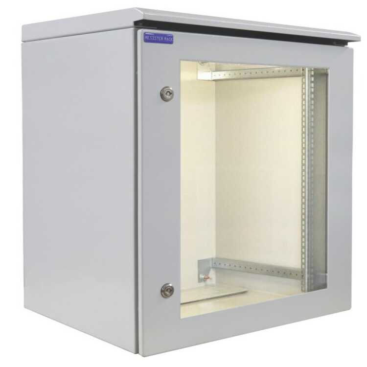 19"-Netzwerkschrank RESISTER Pro mit Regendach und Sockel - IP66 für Outdoor + Industrie - Sichttür - 16 HE - 600x600 mm - lichtgrau